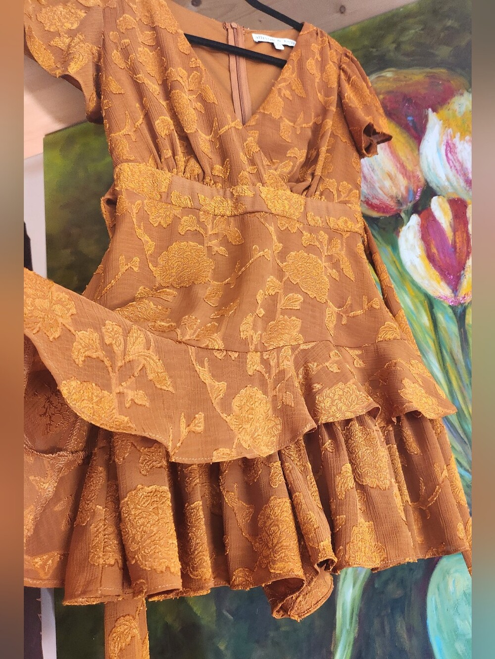 ALLISON & KELLY Copper MUSTARD Rust Floral Wrap Romper Mini SS TIE Zip Dress XSP - Picture 4 of 16